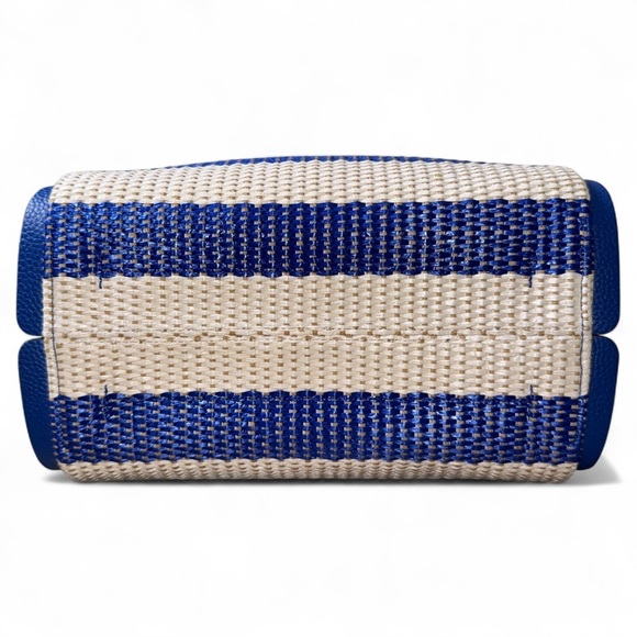 Kate Spade Knott Blue Striped Medium Straw with Leather Trim Crossbody Tote - Picture 12 of 13
